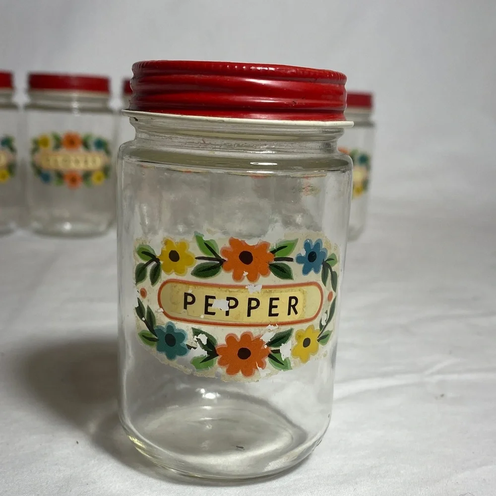 Vintage Set of 6 Glass Spice Jars with Red Metal Lids